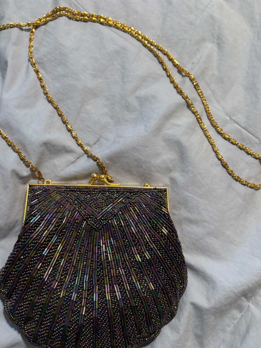 Valerie Stevens Iridescent Purple Beaded Clutch with Gold Chain